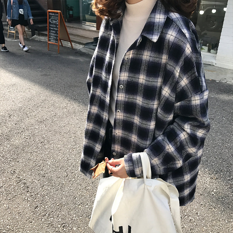 韓國學院風小翻領寬鬆休閒長袖格子襯衫冬裝百搭打底襯衣
