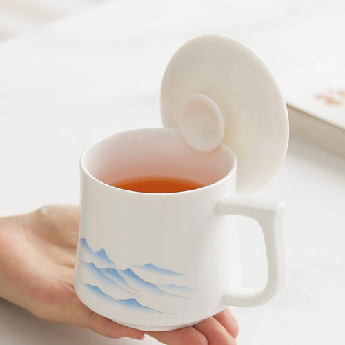 羊脂玉瓷带盖泡茶马克杯轻奢