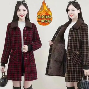中长款格子女士外套冬季加绒加厚毛呢大衣宽松显瘦秋冬呢子妈妈装