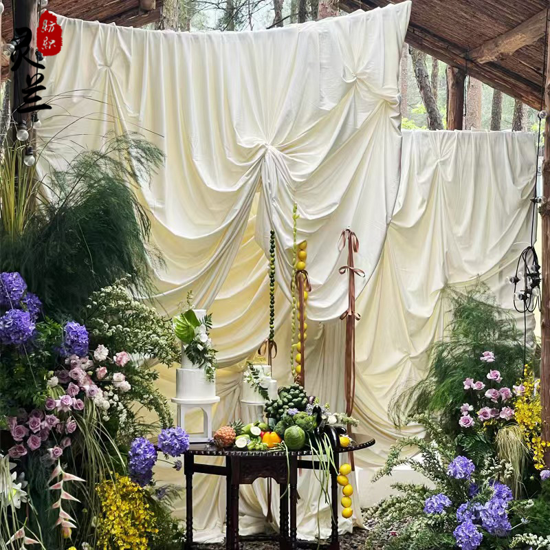 奶油风装饰原生布 米白复古周岁宴婚礼舞台装饰布 塑型景挂布