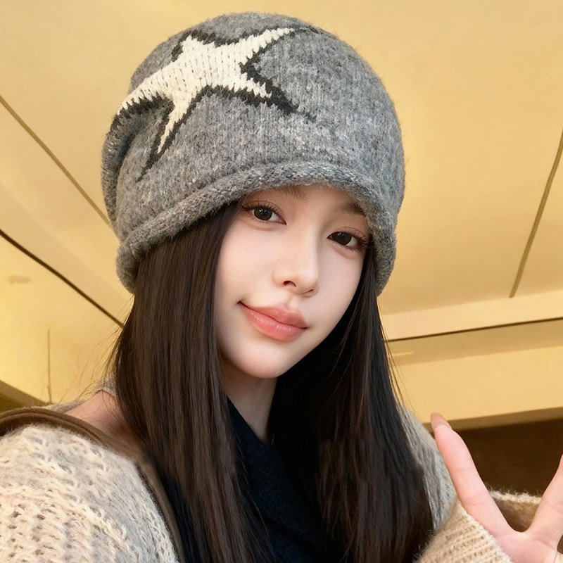 大头围美式复古卷边针织堆堆帽