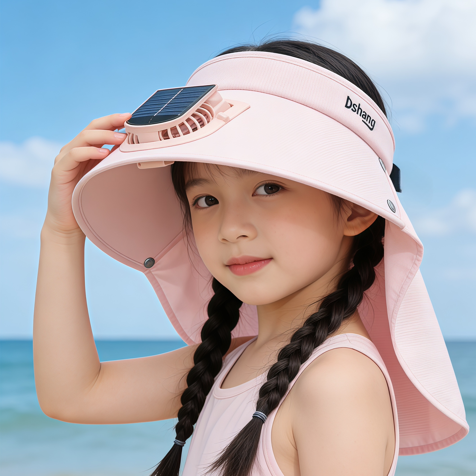 儿童太阳能风扇帽夏季男女童防晒帽初中生大檐遮阳披肩帽沙滩凉帽