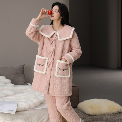 睡衣女士冬季加厚加绒珊瑚绒夹棉袄三层中长款可外穿女家居服套装