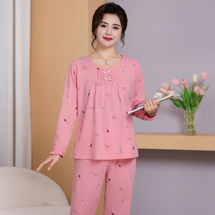 睡衣女士春秋季纯棉长袖薄款套头宽松大码圆领中年妈妈家居服套装