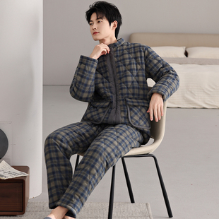100%纯棉三层夹棉袄睡衣男款冬季加厚全棉可外穿加大码家居服套装