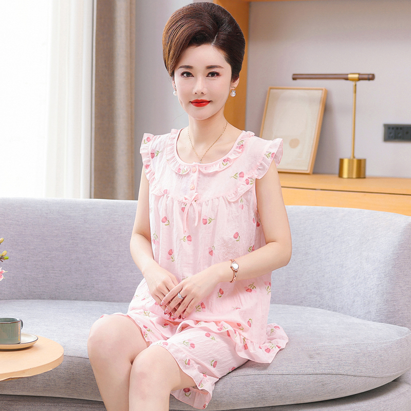 睡衣女士夏季纯棉绸无袖背心短裤薄款大码棉布中年妈妈家居服套装