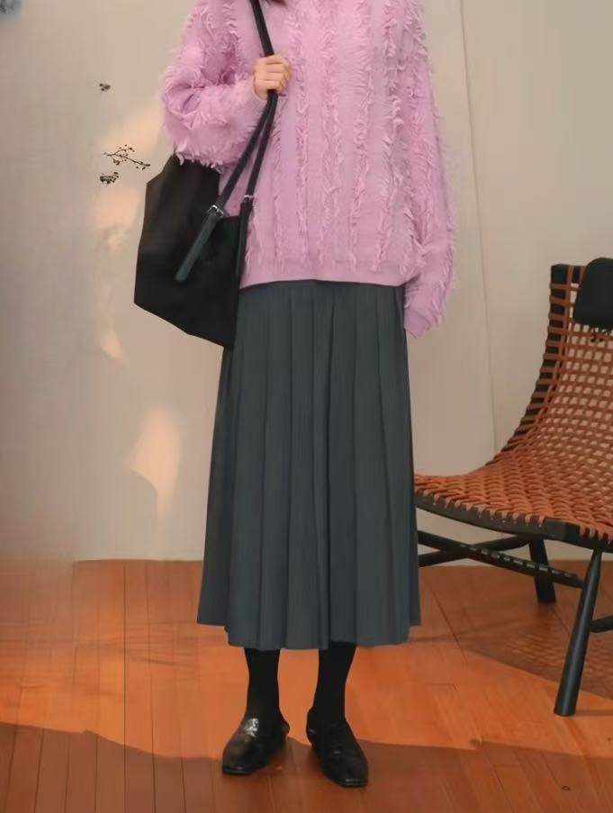 芮时 可机洗60支羊毛知识分子风A字遮肉显瘦百褶半身裙女冬