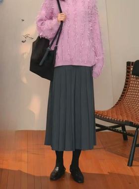 芮时 可机洗60支羊毛知识分子风A字遮肉显瘦百褶半身裙女冬