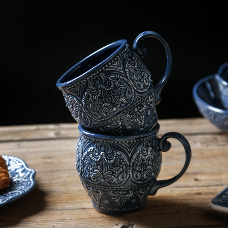 复古风欧式陶瓷咖啡杯浮雕巴洛克马克杯早餐牛奶杯家用创意午茶杯