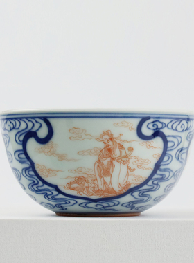 景德镇它山窑茶具手工矾红三面开窗主人杯手绘青花茶杯品茗杯