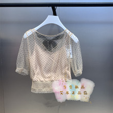 欧时力丹妮2020夏新款波点系带短袖衬衫女收腰网纱上衣1RY3013160
