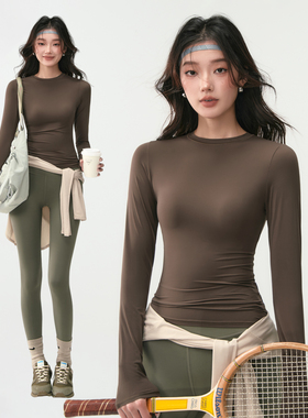 瑜伽服上衣女裸感高弹透气塑形速干衣圆领跑步训练服健身运动长袖