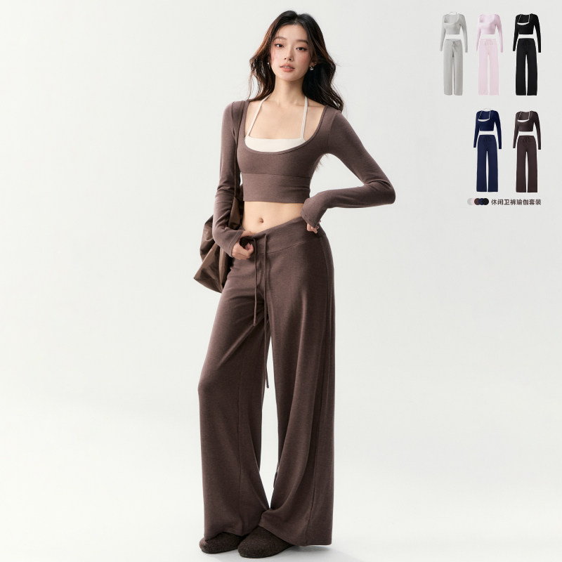 瑜伽服套装女跑步训练带胸垫健身长袖宽松直筒阔腿裤休闲运动长裤,运动/瑜伽/健身/球迷用品,瑜伽套装,淘宝优惠券,粉丝福利购,淘宝优惠卷