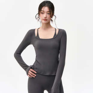 瑜伽服长袖女秋季新款大U领修身t恤普拉提训练套装健身衣运动上衣