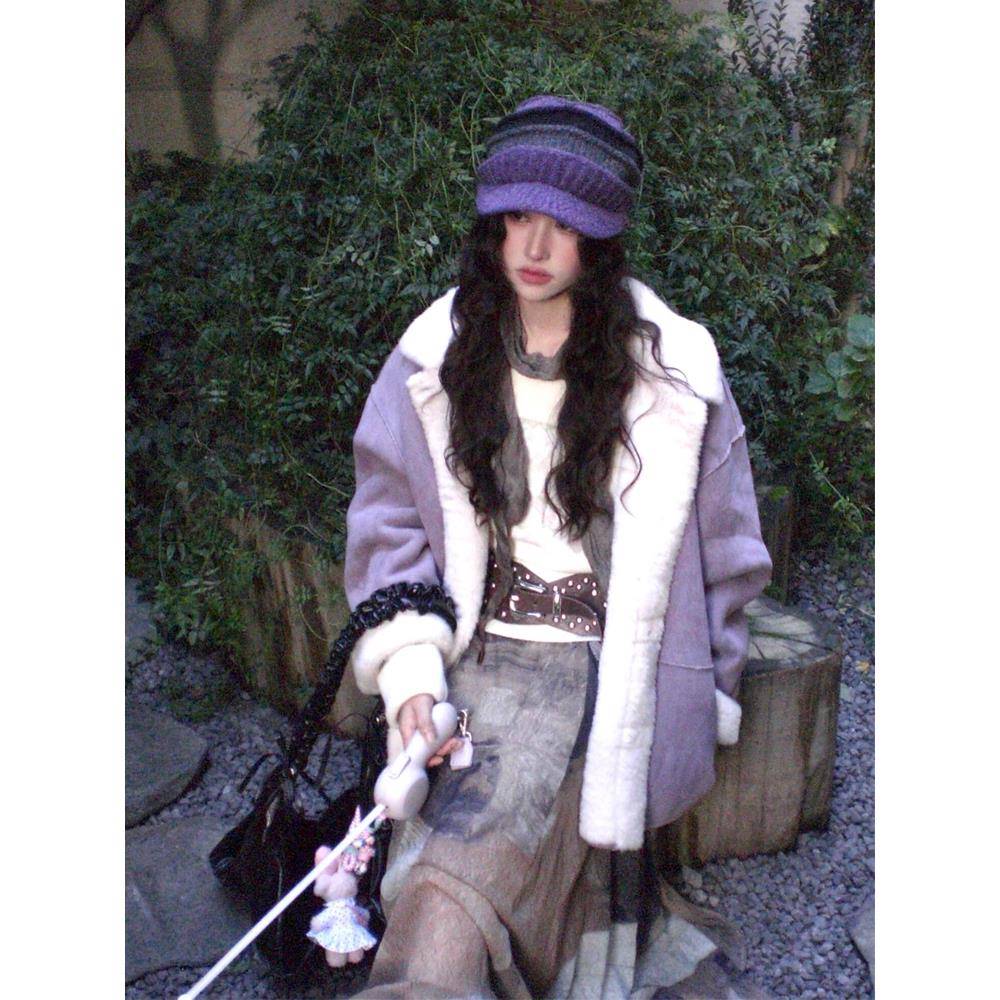 韩系环保兔毛皮草女冬时尚紫色麂皮绒皮毛一体翻领夹克毛毛外套