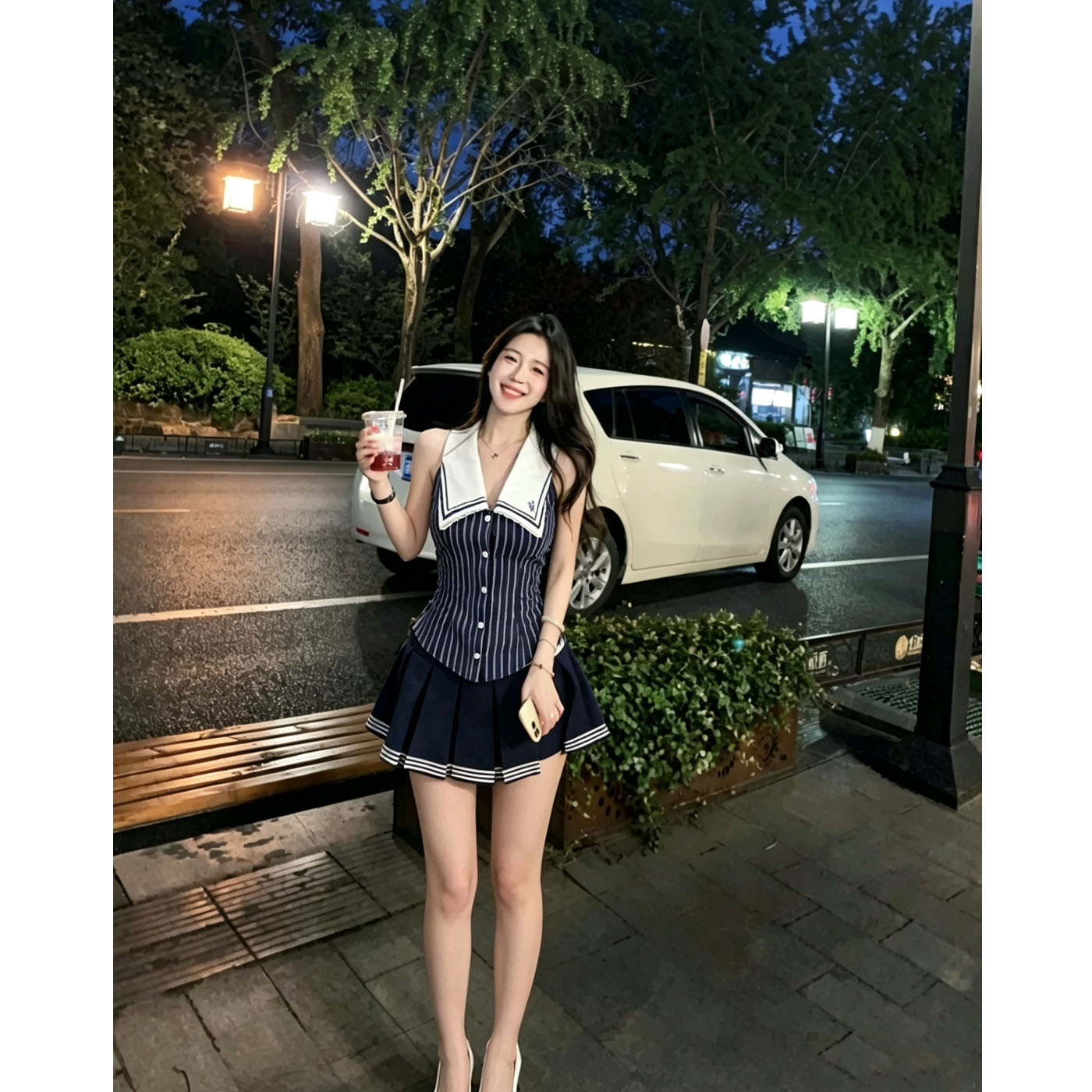学院风jk制服海军领气质修身无袖衬衫百褶半身短裙夏季新款套装女