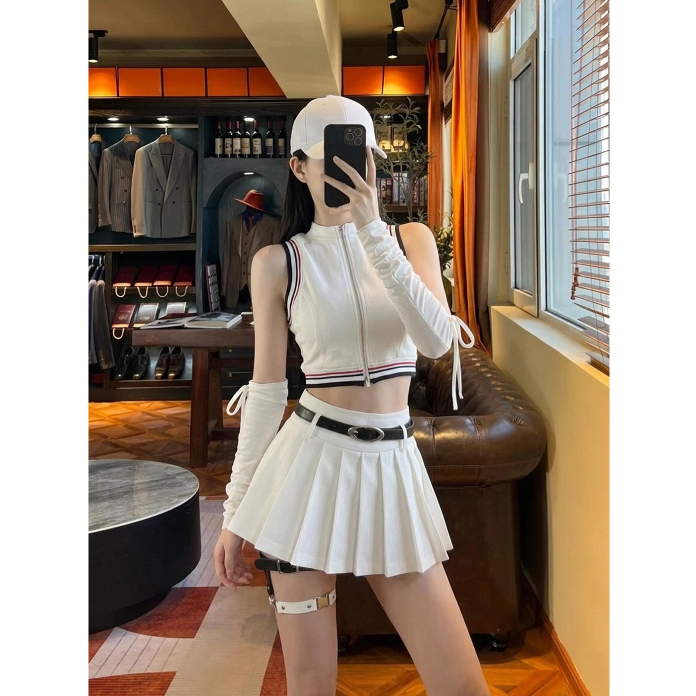 美式复古白色背心百褶裙裤套装女图片