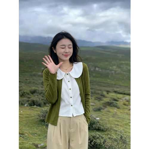 学院风撞色娃娃领假两件衬衫女