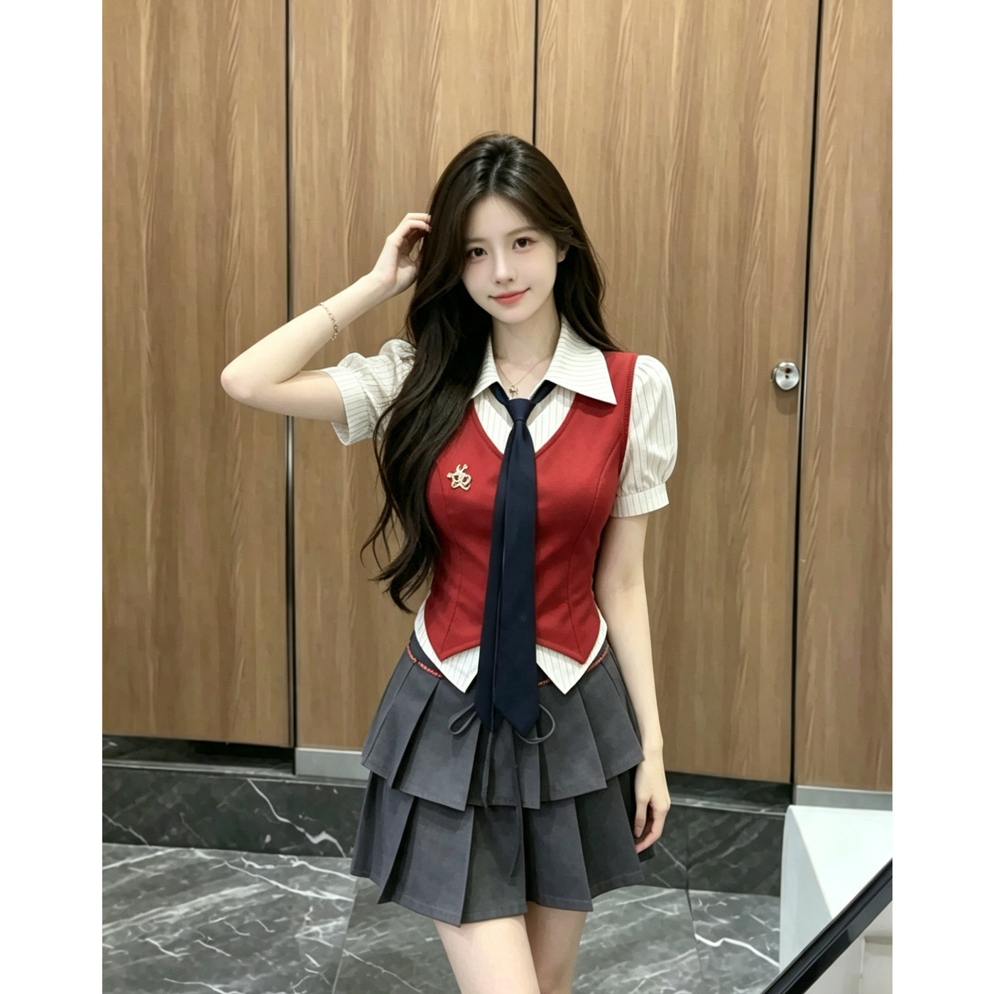 韩系学院风假两件马甲衬衫双层百褶裙女夏季甜心风减龄两件套套装