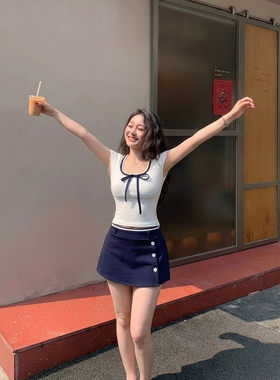 学院风蝴蝶结T恤高腰裙两件套