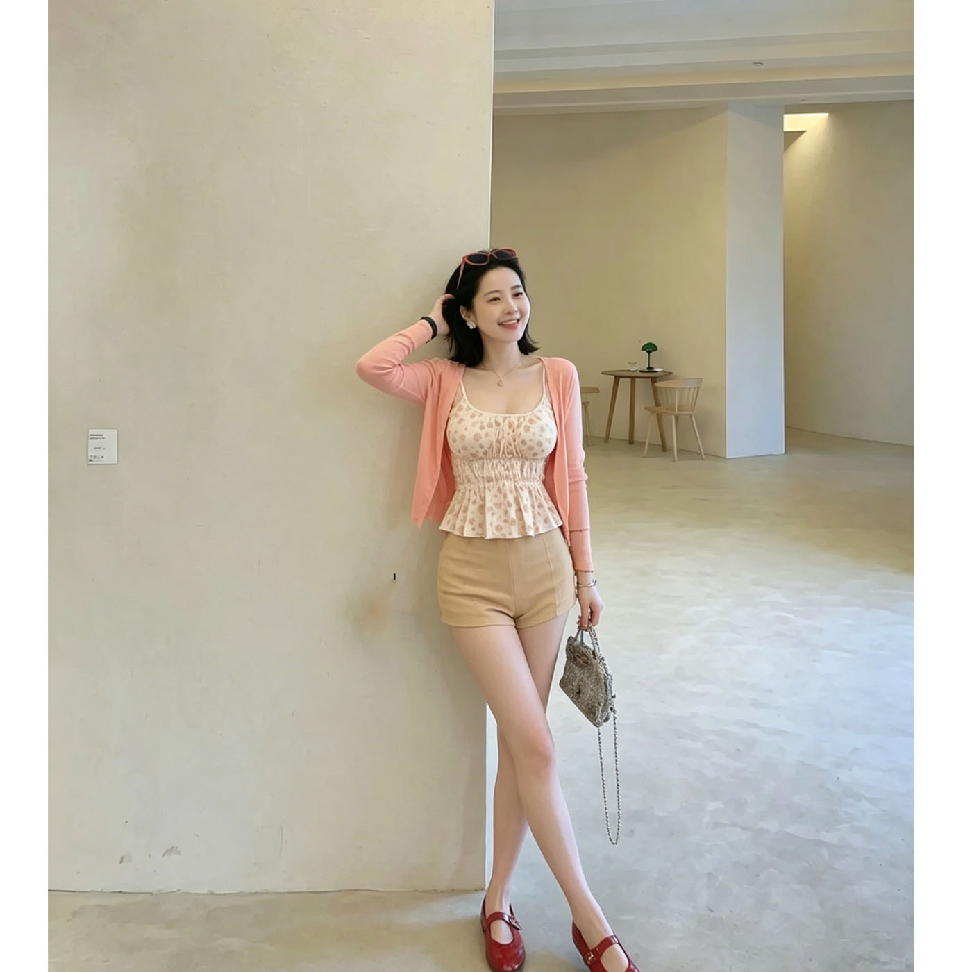 韩系度假风碎花三件套女夏季开衫吊带高腰显瘦短裤绝美套装带胸垫