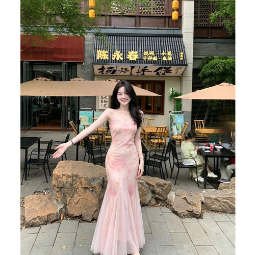 夏季法式碎花吊带网纱连衣裙