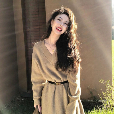 UNMv领毛衣裙女秋冬过膝