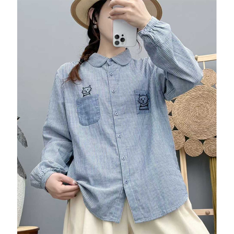 条纹长袖衬衫女2025秋季新款开衫显瘦衬衣女减龄拼色条纹格子上衣