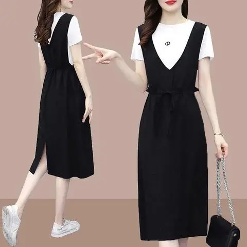 宽松欧洲站显瘦新款连衣裙时尚休闲中长女夏季2025年假两件背带裙