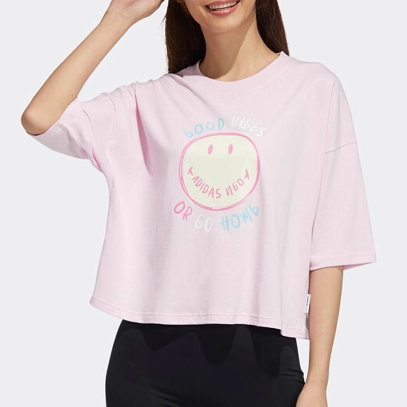 阿迪达斯女圆领休闲运动短袖T恤