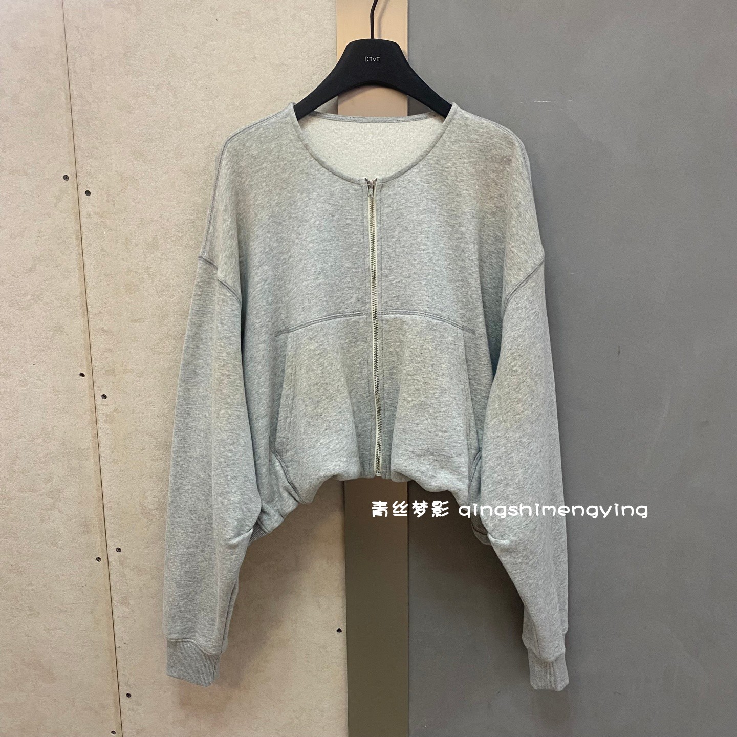 甜酷松弛水洗做旧加绒花苞圆领拉链卫衣女秋冬加绒蝙蝠袖短款外套