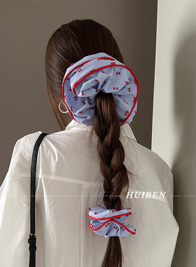 甜心撞色~韩国浅蓝格纹发圈头绳女ins大肠圈原创立体针织皮筋发绳