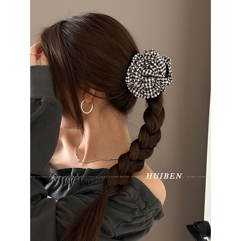 少女感！秋冬格纹花朵抓夹女马尾