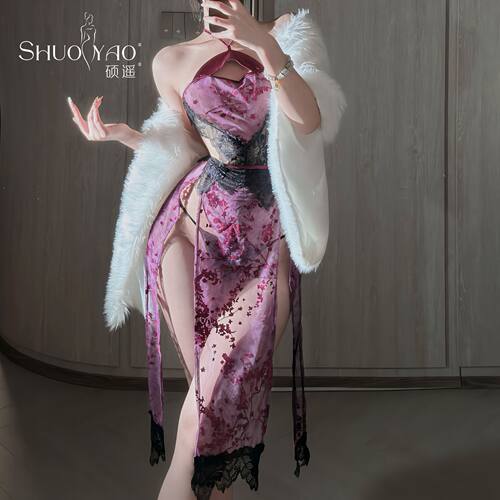 紫色感复古旗袍女家居睡裙吊带