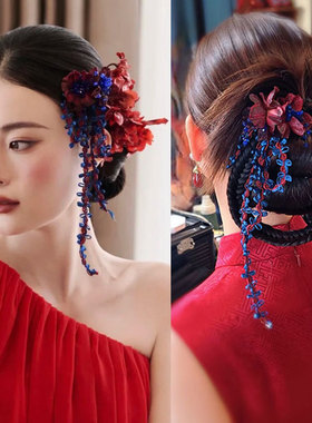新娘红色花朵秀禾头花头饰新中式古典古风旗袍晨袍敬酒服造型配饰