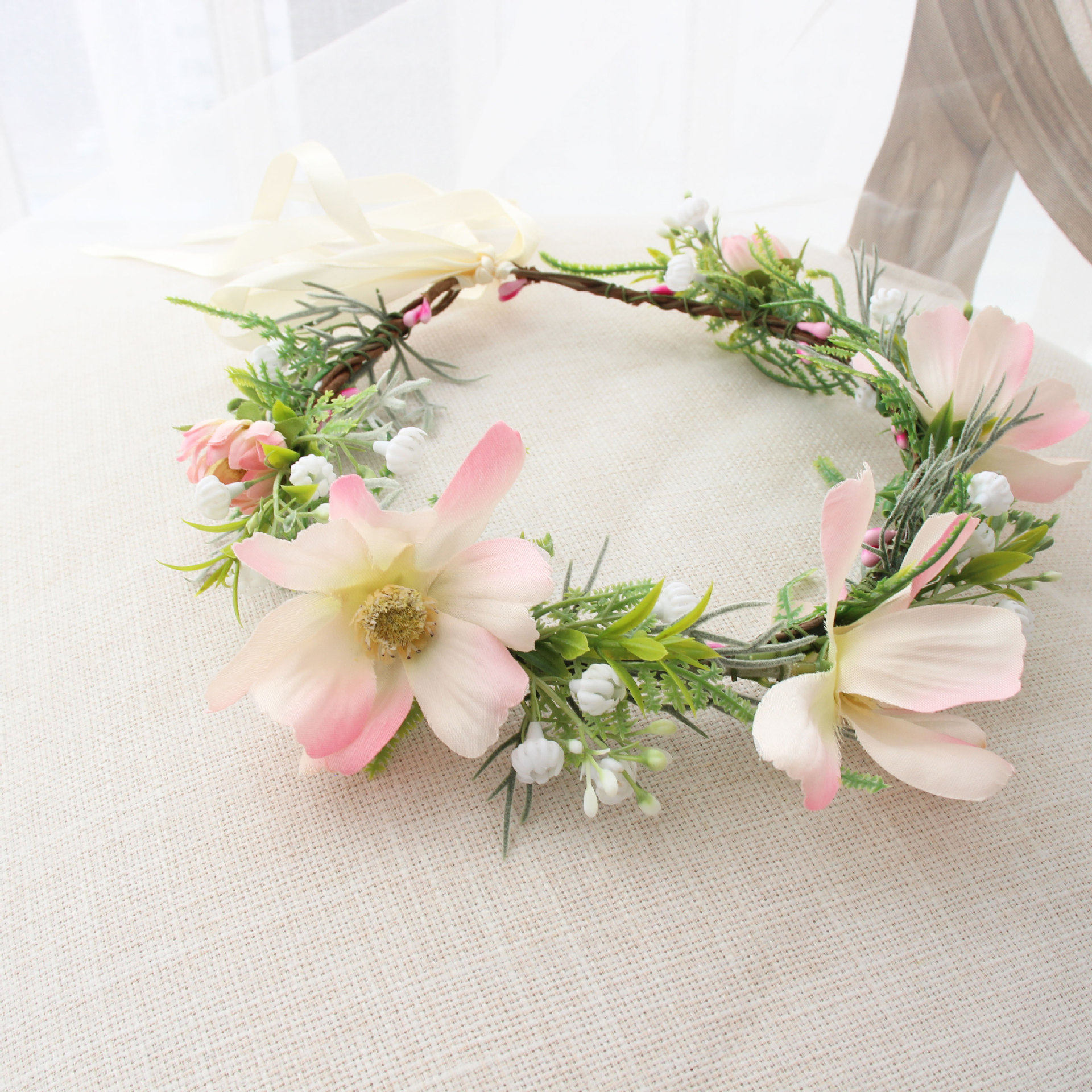 日韩新娘花环藤条超仙森系发箍绢纱花朵手工头花耳环套装精灵头饰