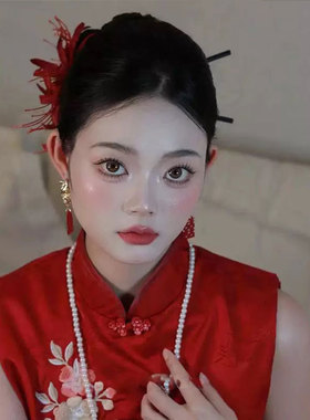 新款结婚耳环新中式红色旗袍新娘造型耳饰婚礼敬酒服双喜耳钉大气