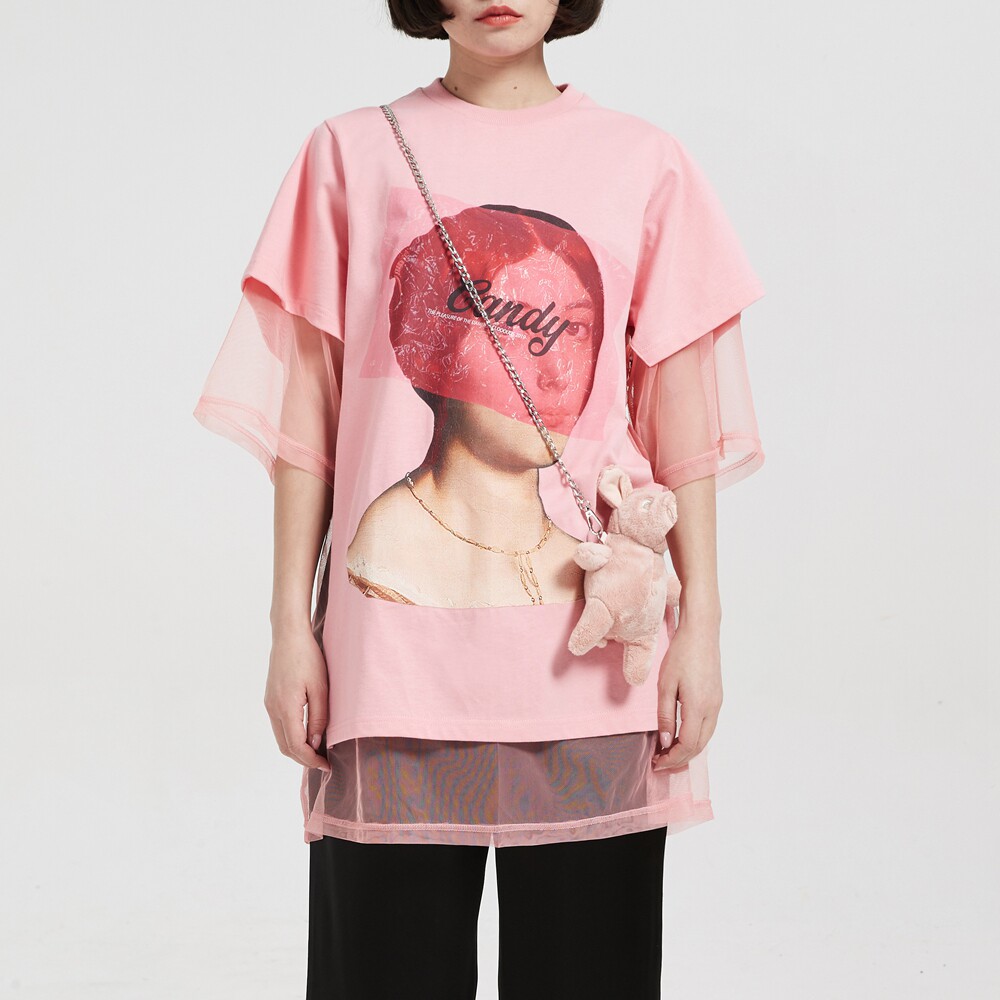 女粉色双层拼接薄纱网纱短袖宽松中长款T恤CLOOOUDS