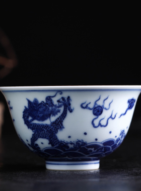 至简纯手工青花瓷茶具茶杯柴窑烧制手绘压手杯主人杯景德镇瓷器杯