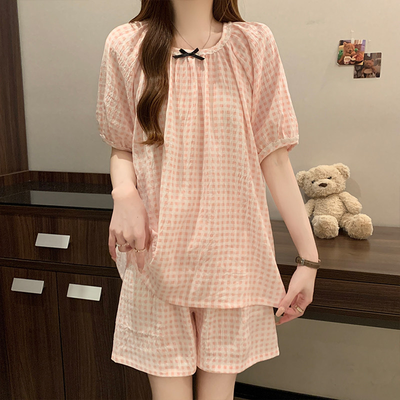 2025夏季新款韩系甜美蕾丝女款格子睡衣两件套短袖短裤套装家居服