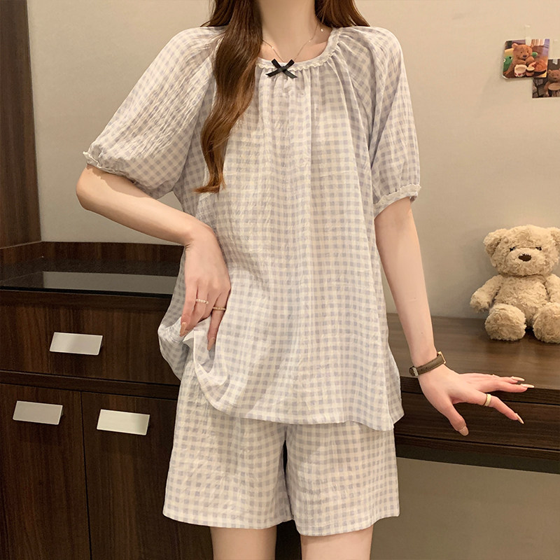 2025夏季新款韩系甜美蕾丝女款格子睡衣两件套短袖短裤套装家居服