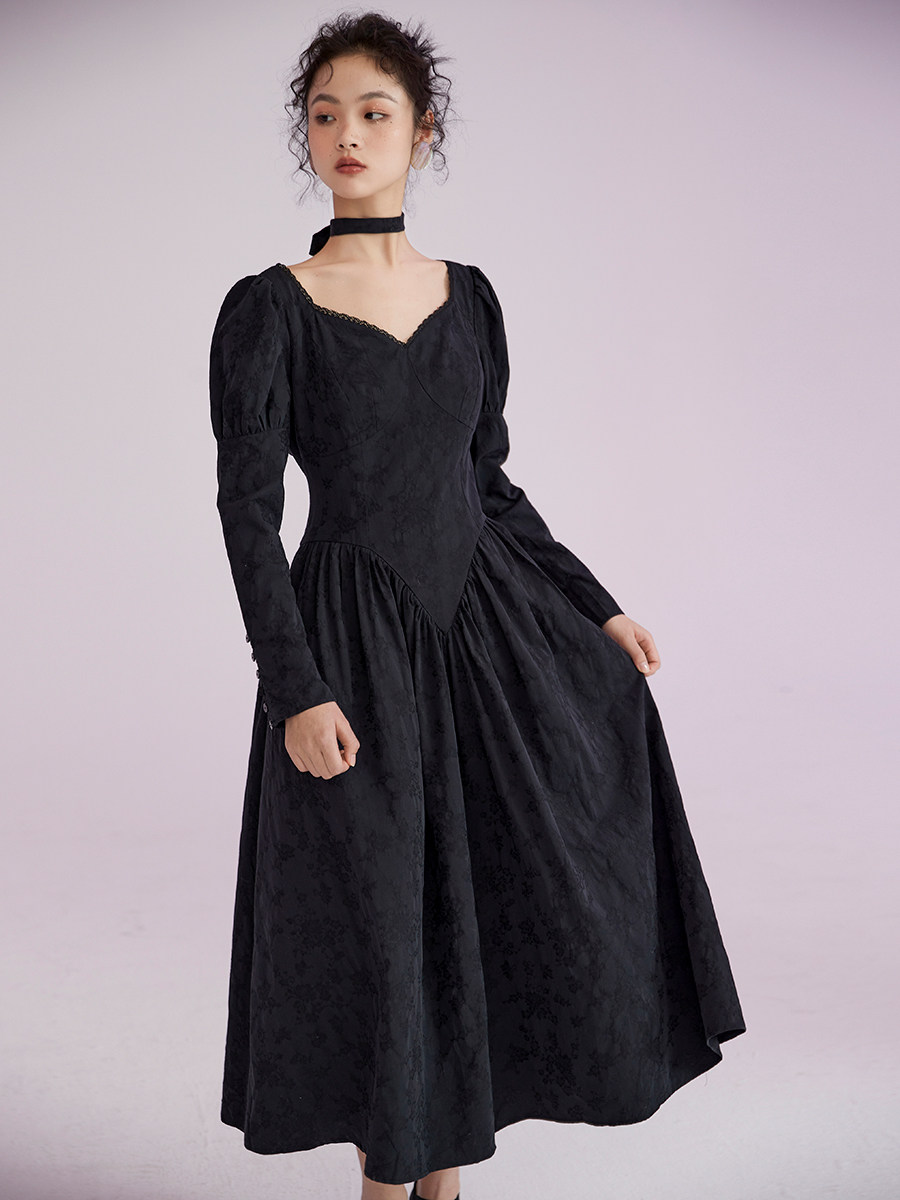 vintage复古小黑裙 古着腰线设计显腰细 提花纹料v领长袖裙子早春