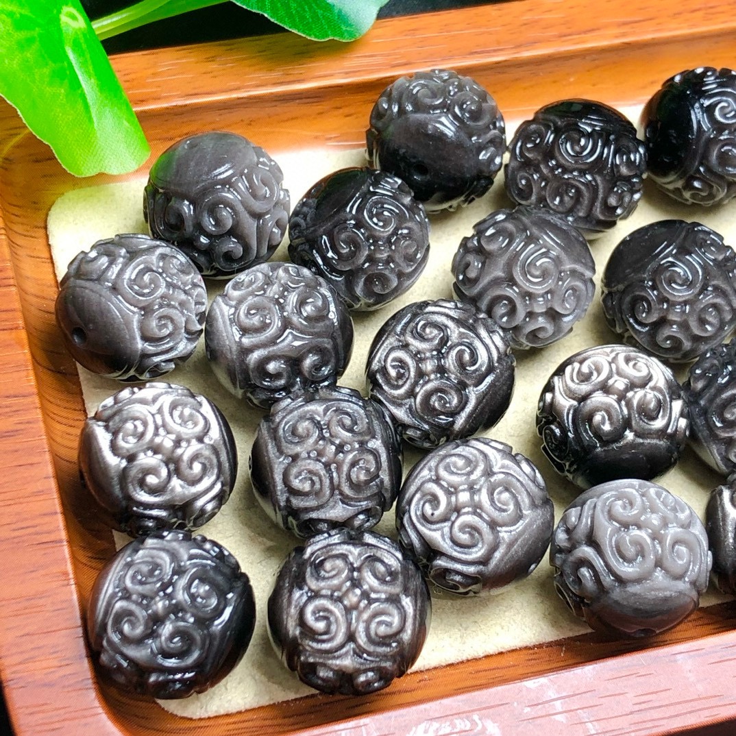 天然银曜石雕刻回纹珠18mm左右