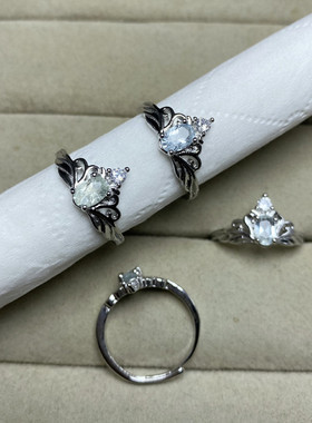 天然海蓝宝戒指女白铜可调节