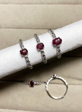 天然红宝石戒指女白铜托活口