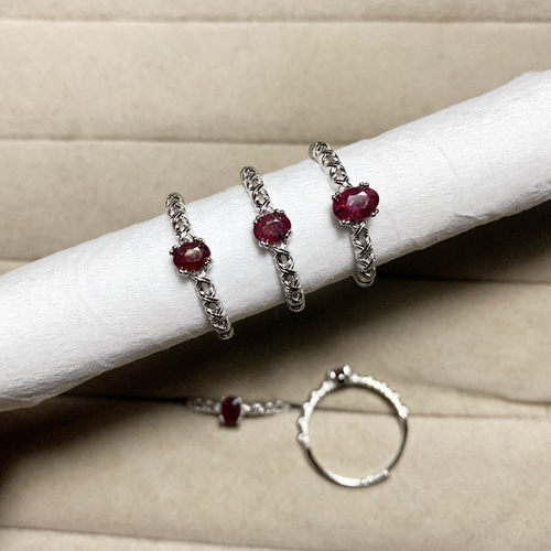 天然红宝石戒指女白铜托活口