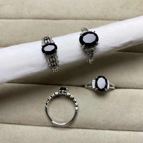 天然黑玛瑙戒指女白铜托开口