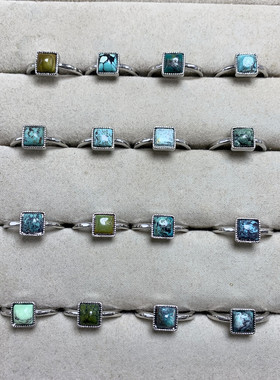 天然绿松石戒指女白铜托活口