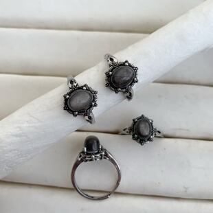 天然银曜石戒指复古做旧白铜托活口简约百搭饰品十件一组起卖