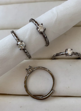 莫桑钻石戒指女款过钻笔枪黑白铜托活口简约小巧时尚百搭饰品
